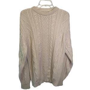 Evergreen Knitwear Expert Makers Mens Baby Alpaca Cable Knit Sweater Cream Sz L